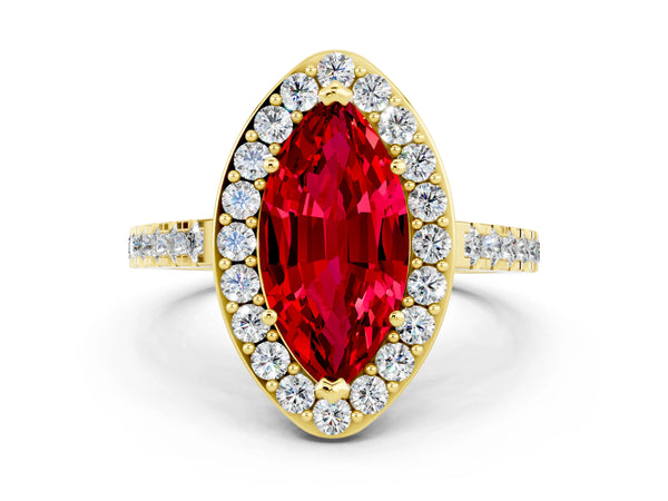 Yellow gold Marquise Cut Ruby Halo Ring with Round Pavé Split Shank and Prong Setting