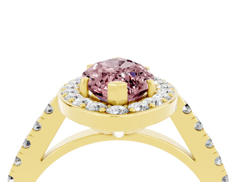Yellow gold Marquise Cut Halo Diamond Ring with Pavé Band and Three-Prong Setting_4