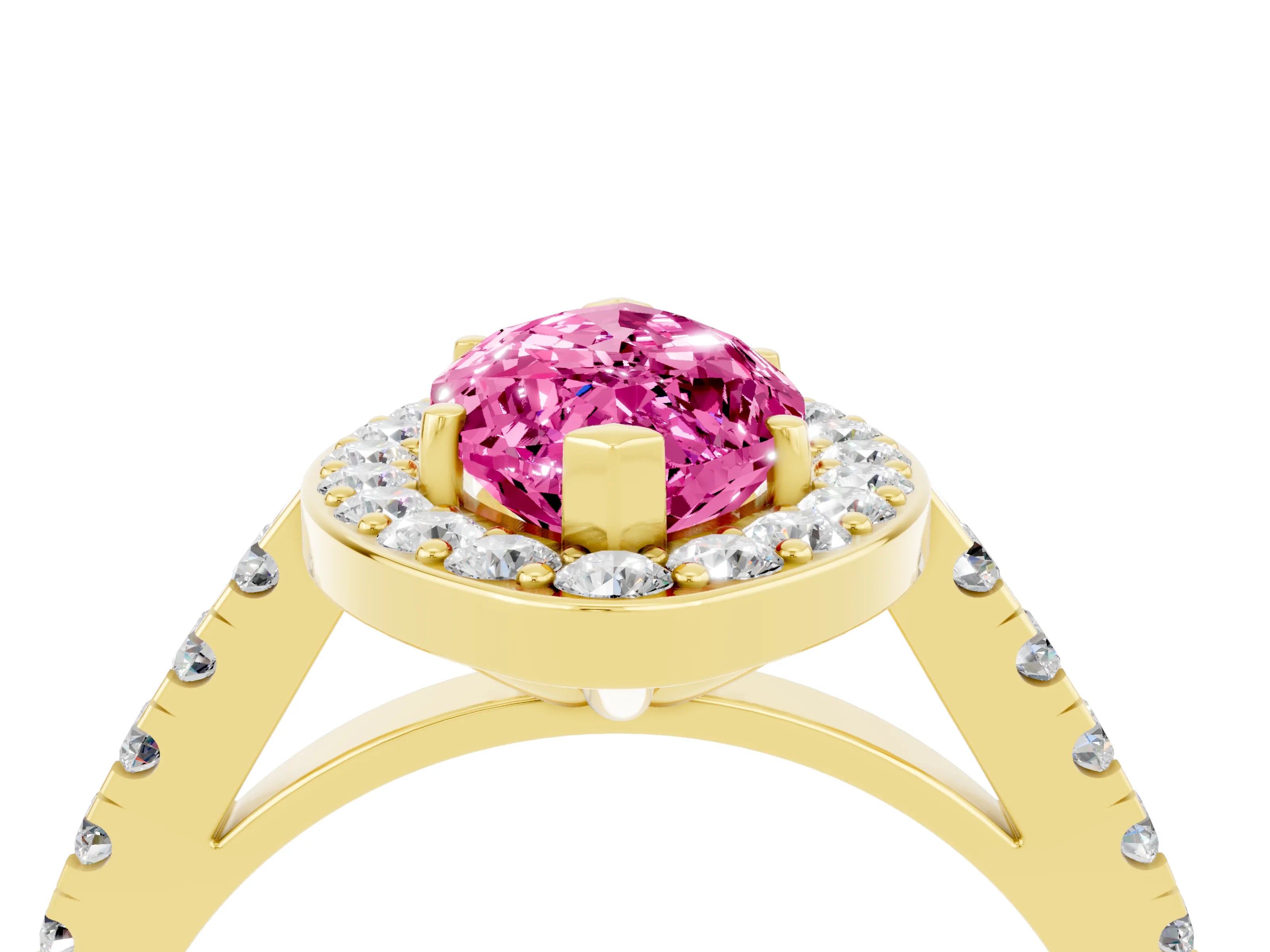 Yellow gold Marquise Cut Halo Diamond Ring with Pavé Band and Three-Prong Setting_4