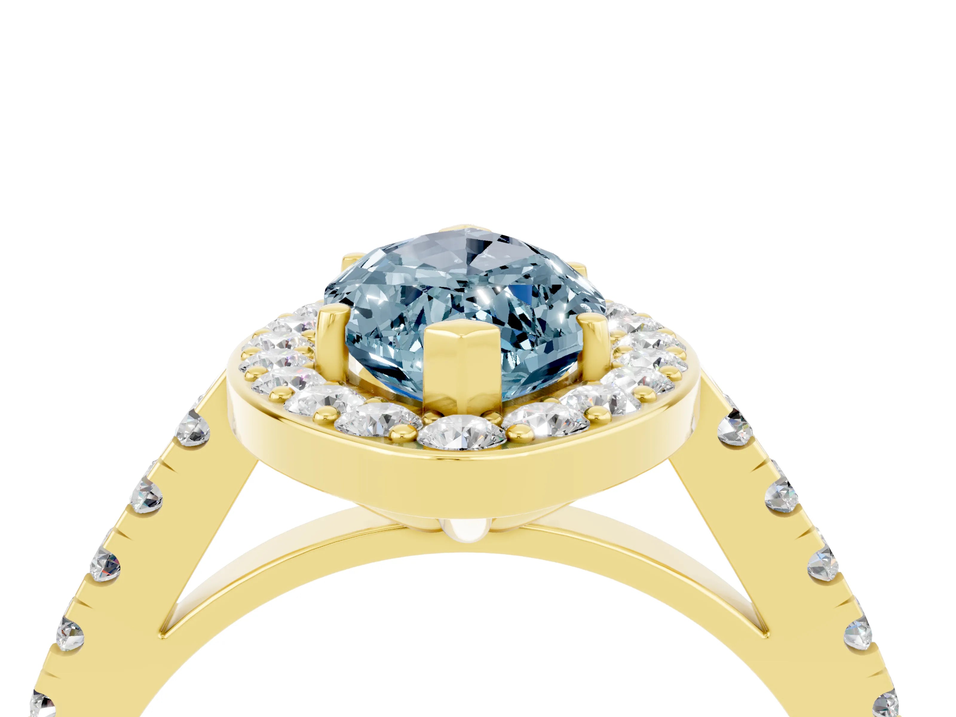 Yellow gold Marquise Cut Halo Diamond Ring with Pavé Band and Three-Prong Setting_4
