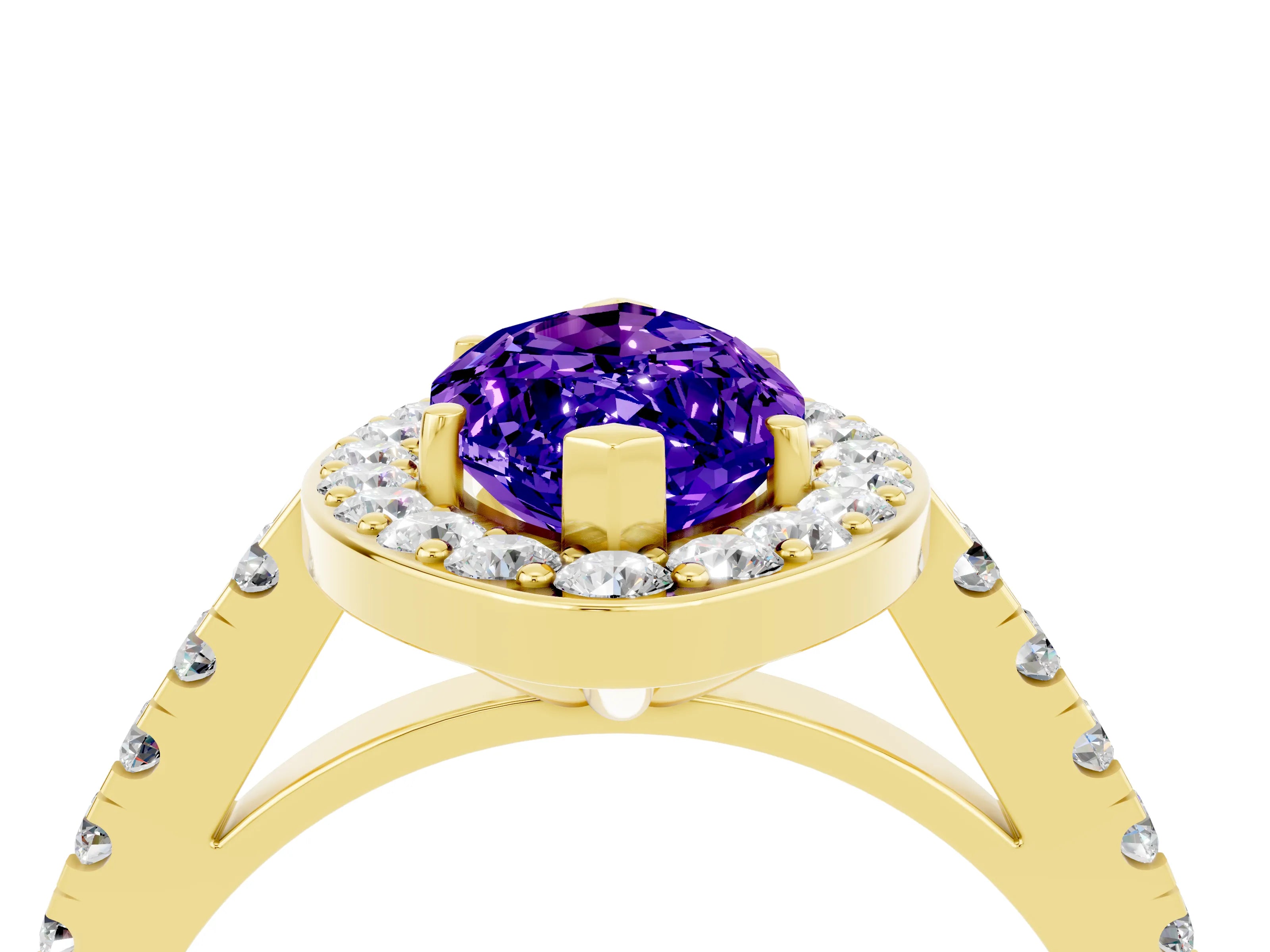 Yellow gold Marquise Cut Halo Diamond Ring with Pavé Band and Three-Prong Setting_4