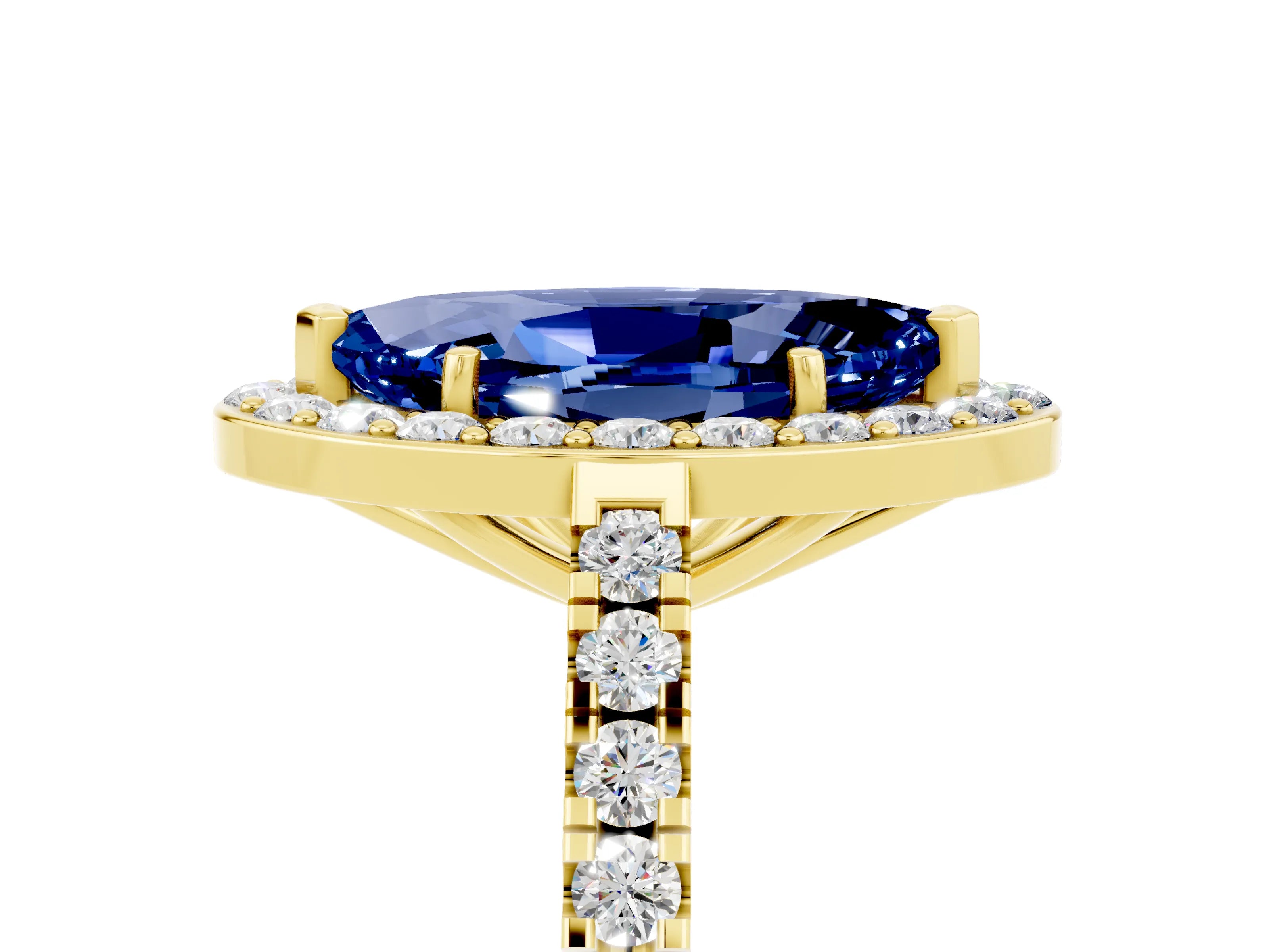 Yellow gold Marquise Cut Halo Diamond Ring with Pavé Band and Three-Prong Setting_5