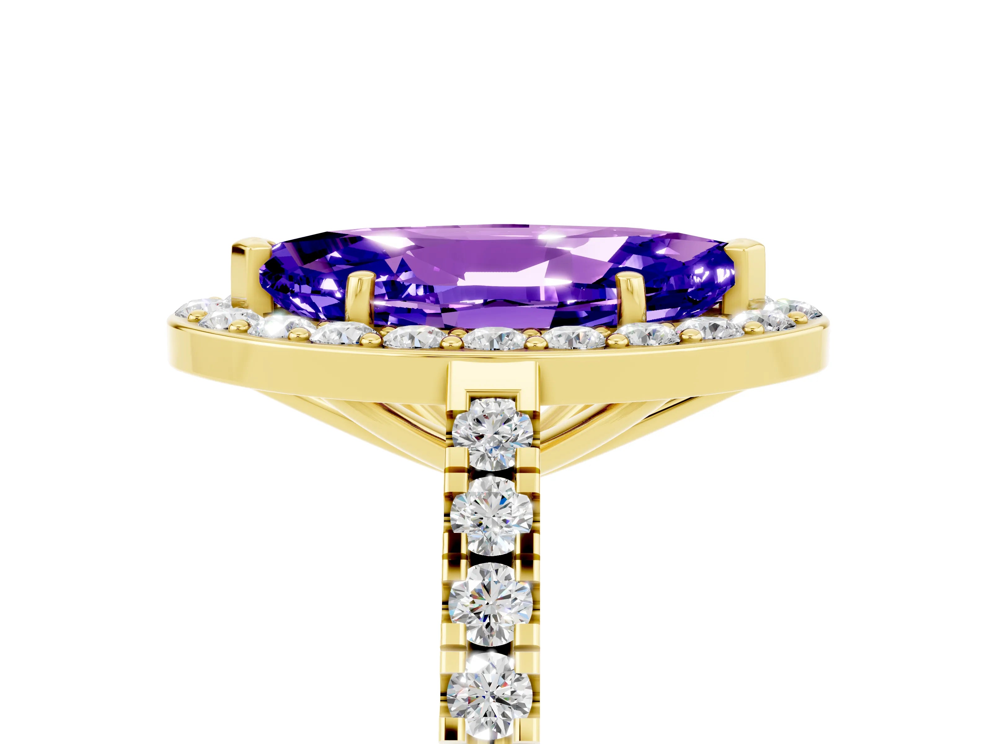Yellow gold Marquise Cut Halo Diamond Ring with Pavé Band and Three-Prong Setting_5