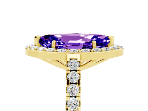 Yellow gold Marquise Cut Halo Diamond Ring with Pavé Band and Three-Prong Setting_5