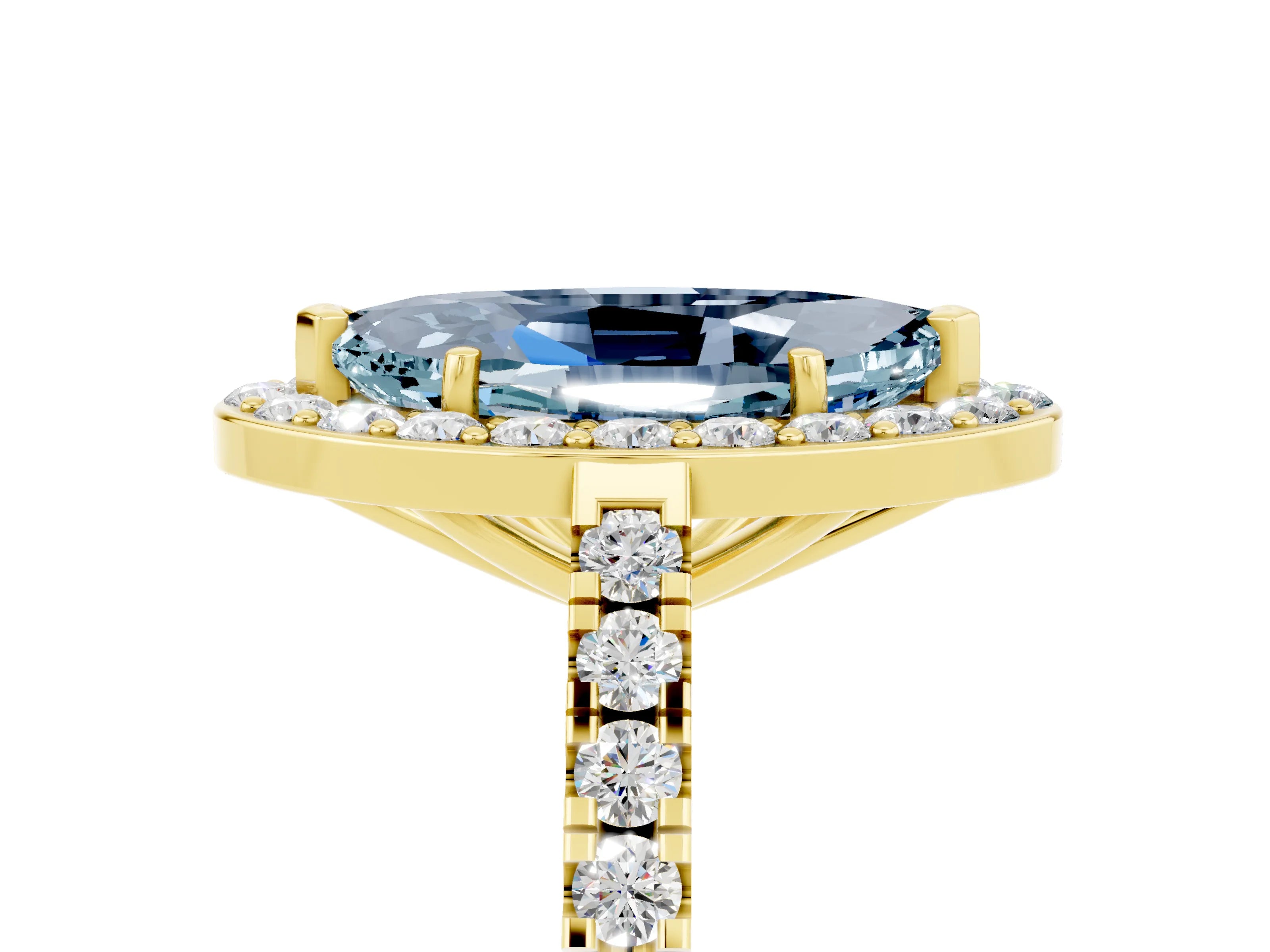 Yellow gold Marquise Cut Halo Diamond Ring with Pavé Band and Three-Prong Setting_5