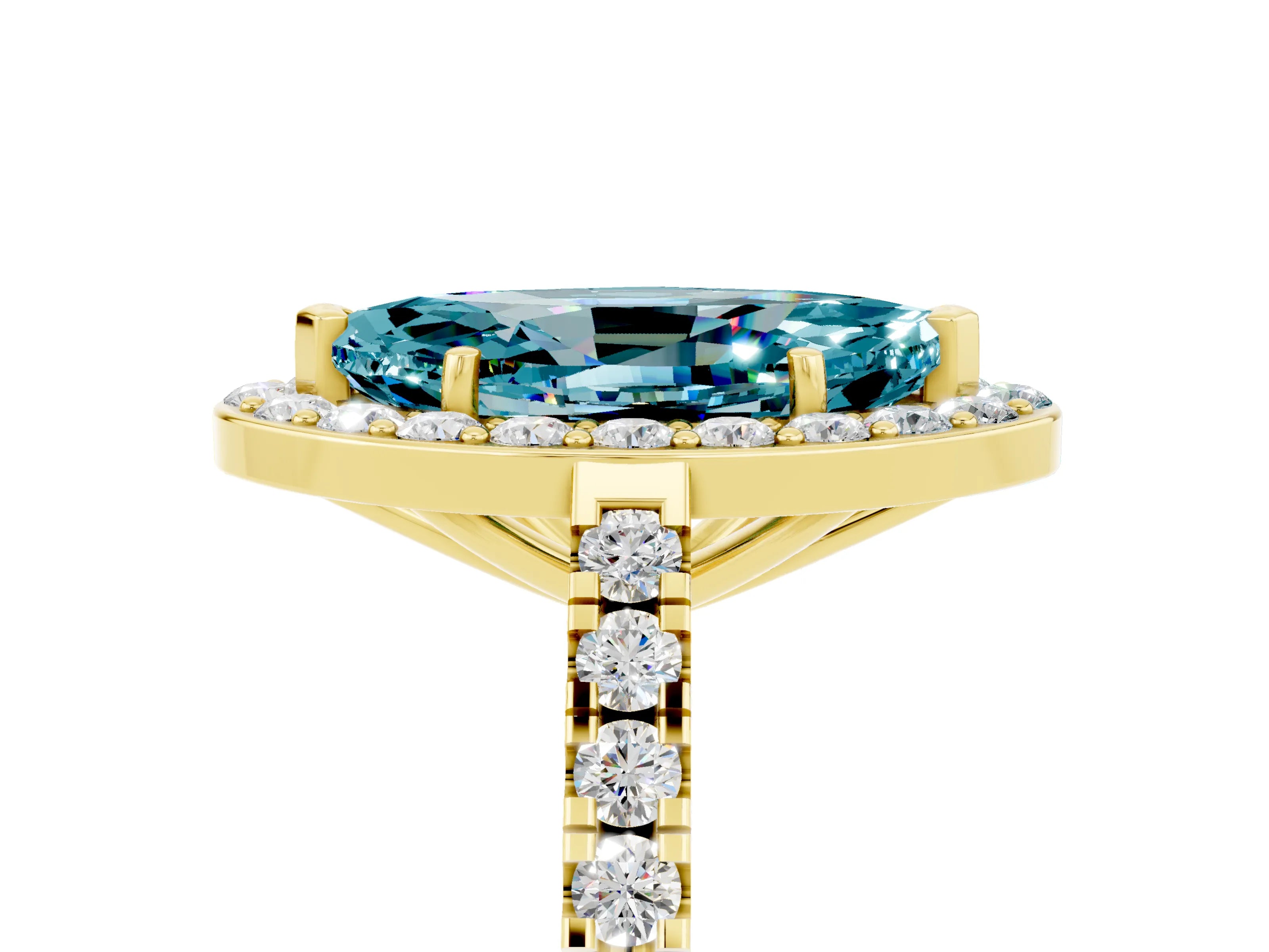 Yellow gold Marquise Cut Halo Diamond Ring with Pavé Band and Three-Prong Setting_5