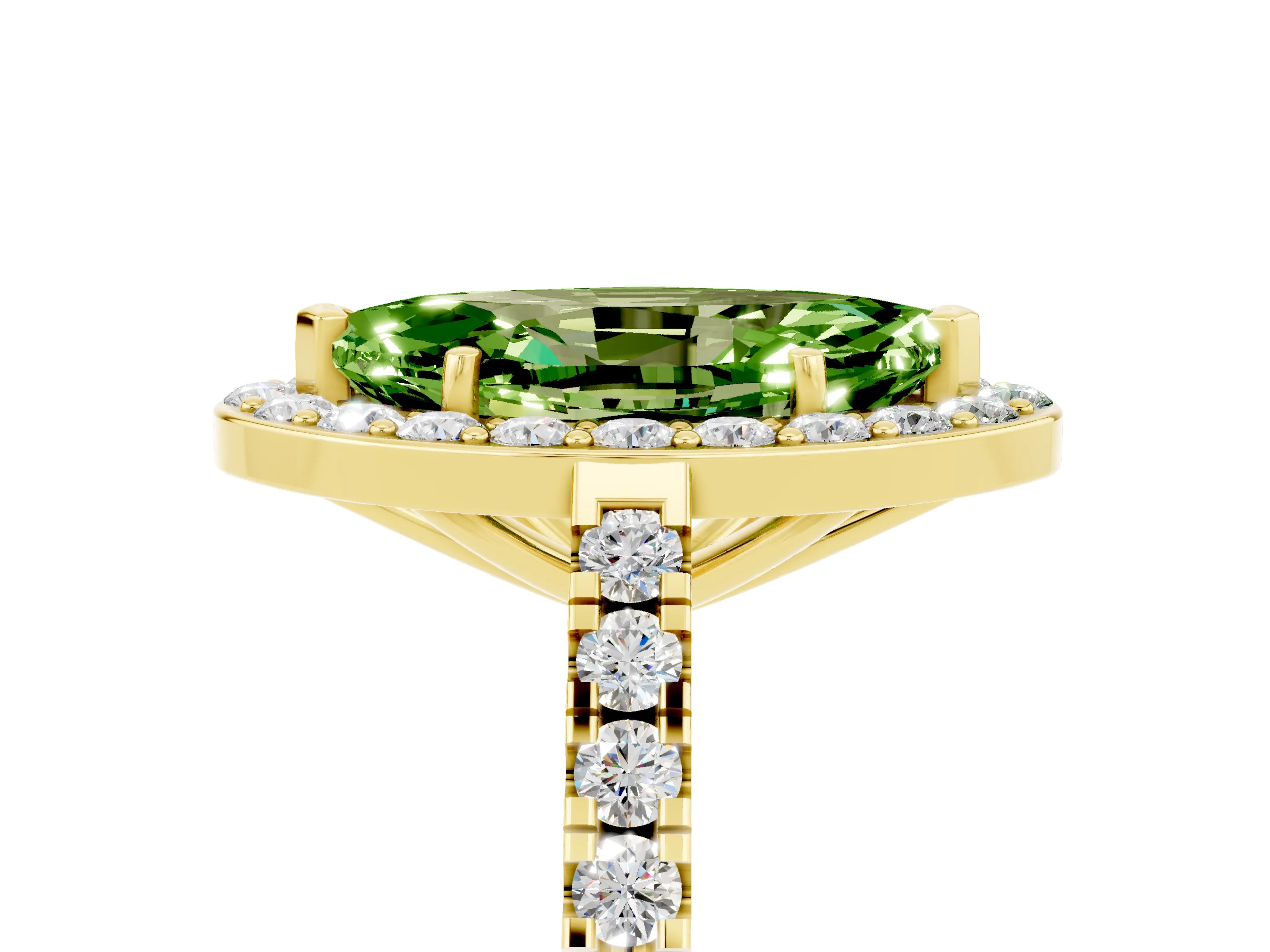 Yellow gold Marquise Cut Halo Diamond Ring with Pavé Band and Three-Prong Setting_5