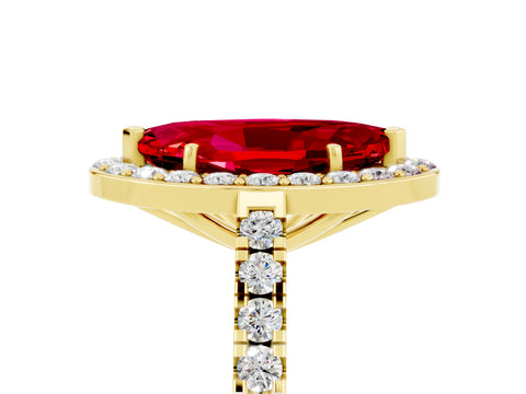 Yellow gold Marquise Cut Halo Diamond Ring with Pavé Band and Three-Prong Setting_5