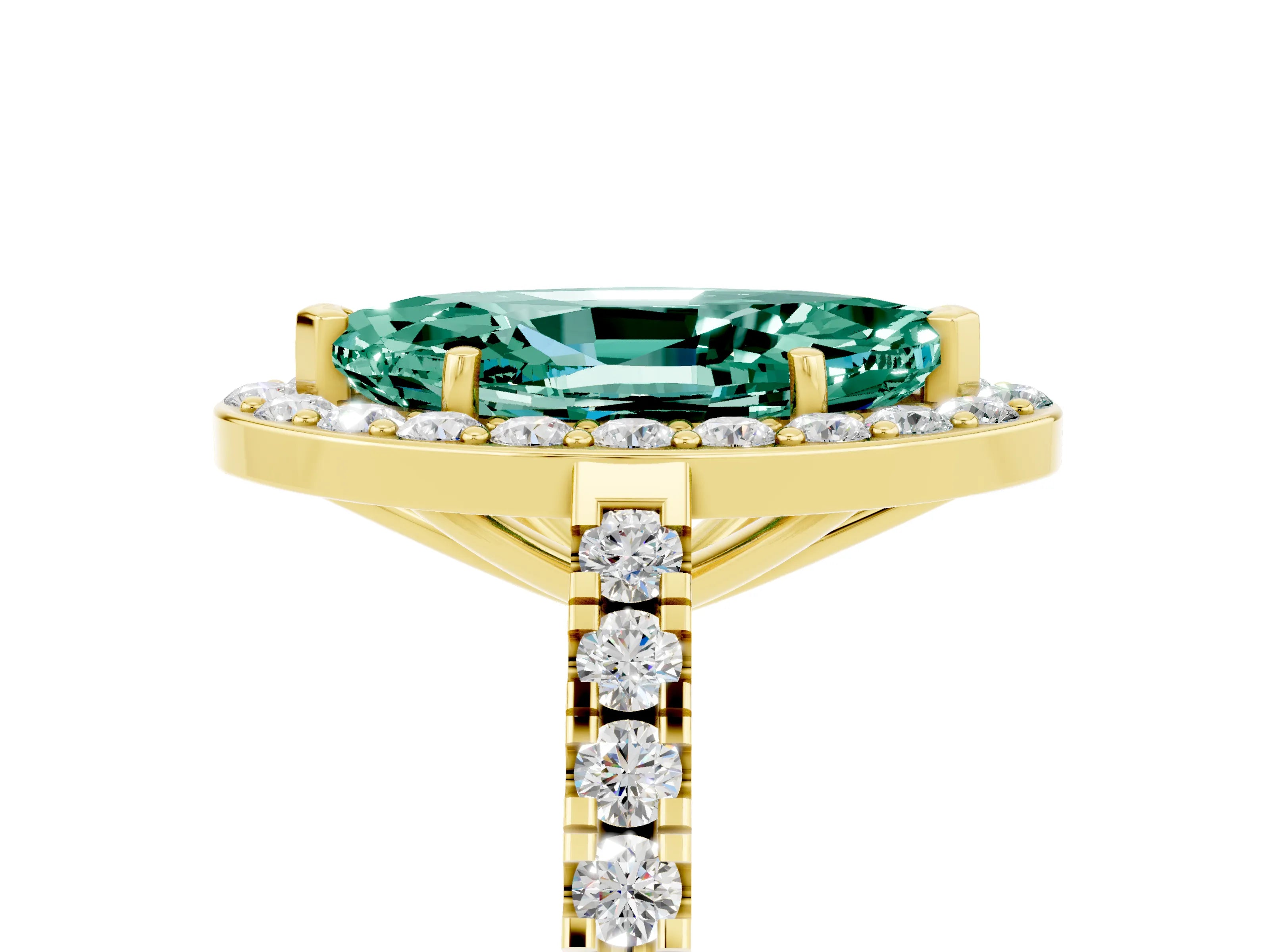 Yellow gold Marquise Cut Halo Diamond Ring with Pavé Band and Three-Prong Setting_5