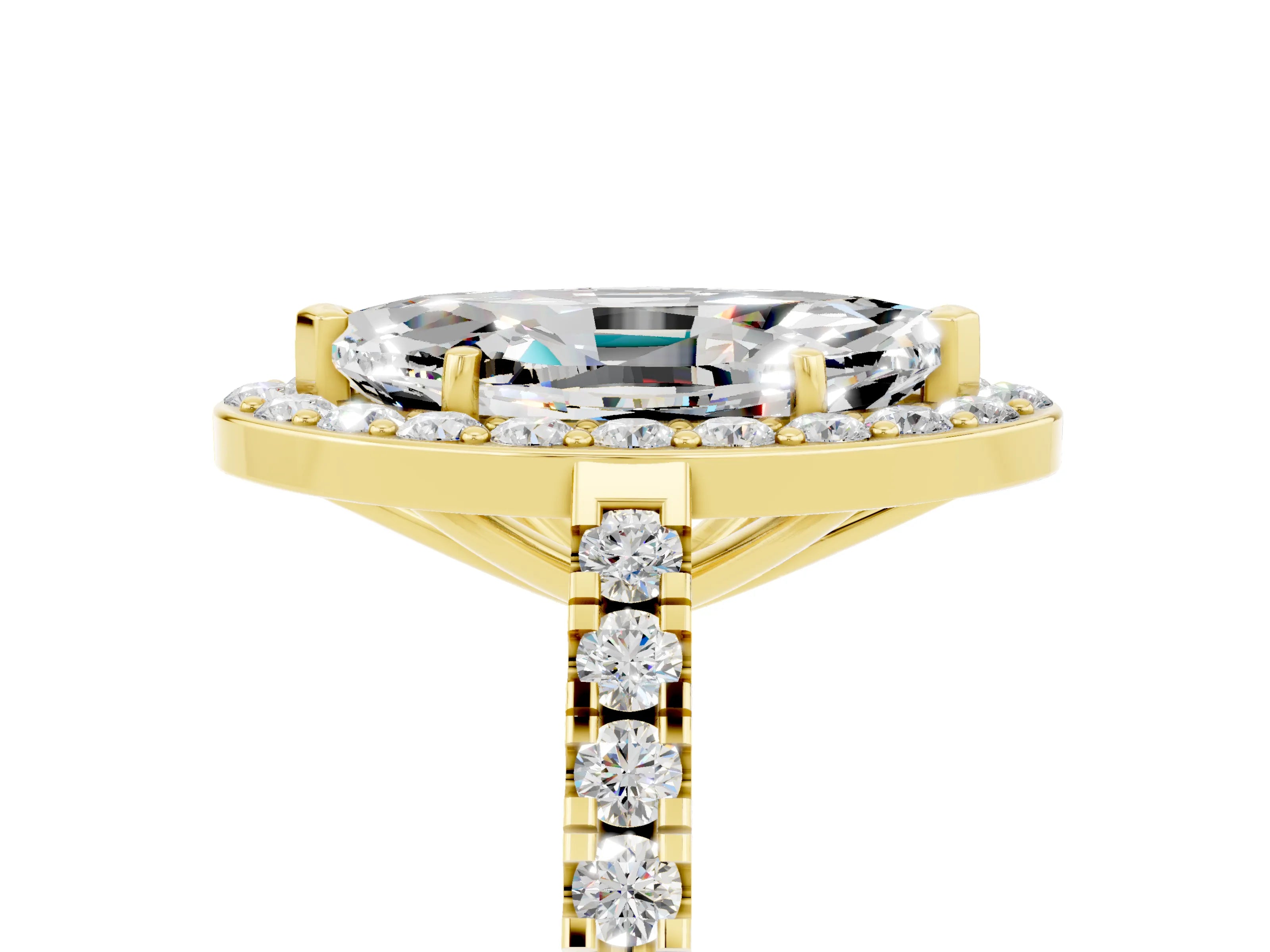 Yellow gold Marquise Cut Halo Diamond Ring with Pavé Band and Three-Prong Setting_5