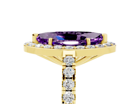 Yellow gold Marquise Cut Halo Diamond Ring with Pavé Band and Three-Prong Setting_5