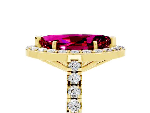 Yellow gold Marquise Cut Halo Diamond Ring with Pavé Band and Three-Prong Setting_5
