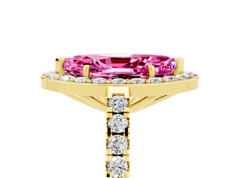 Yellow gold Marquise Cut Halo Diamond Ring with Pavé Band and Three-Prong Setting_5