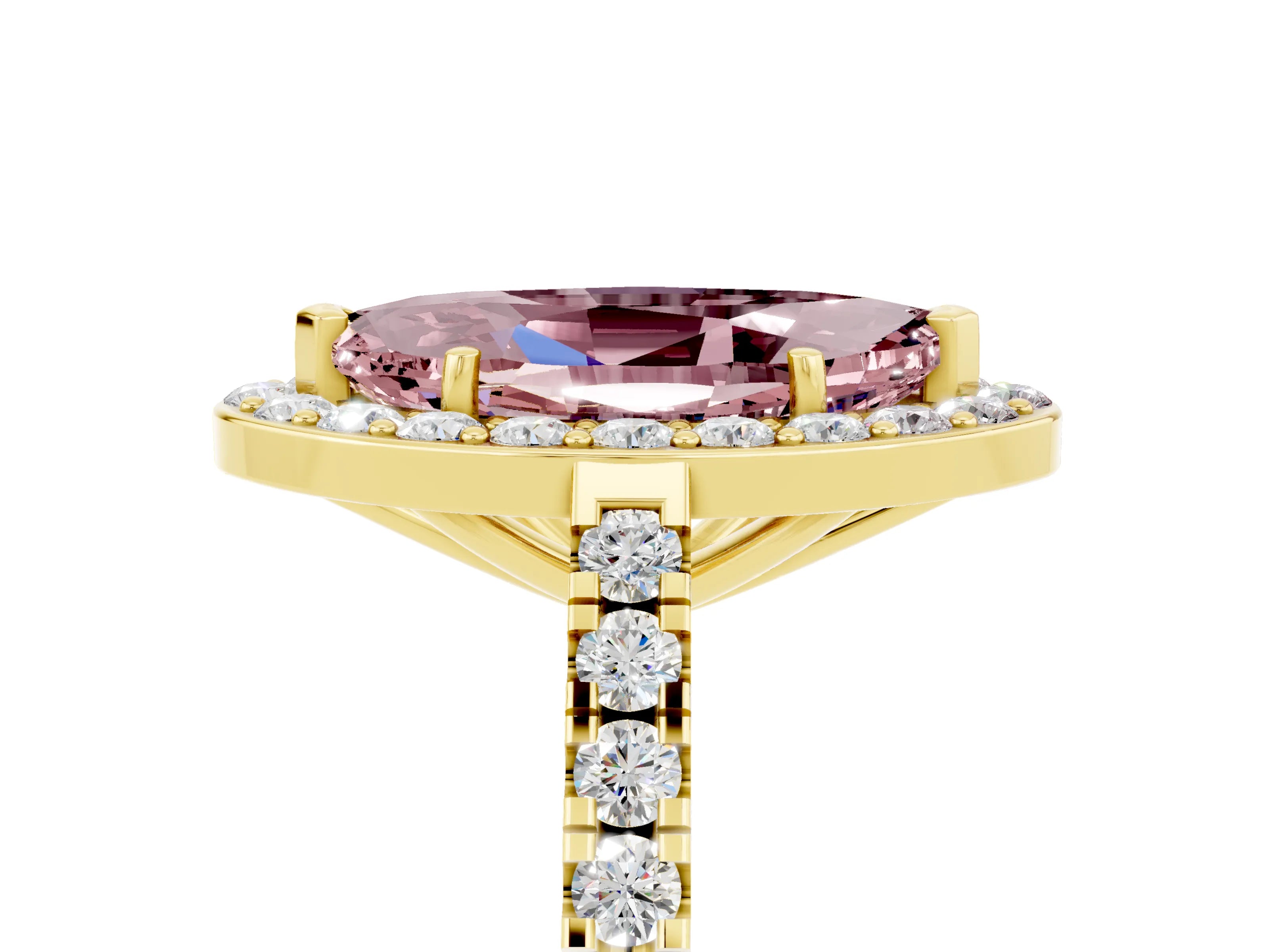 Yellow gold Marquise Cut Halo Diamond Ring with Pavé Band and Three-Prong Setting_5