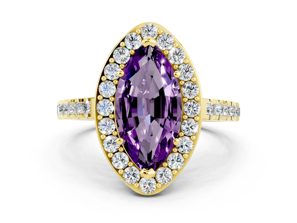 Yellow gold Marquise Cut Amethyst Halo Ring with Round Pavé Split Shank and Prong Setting