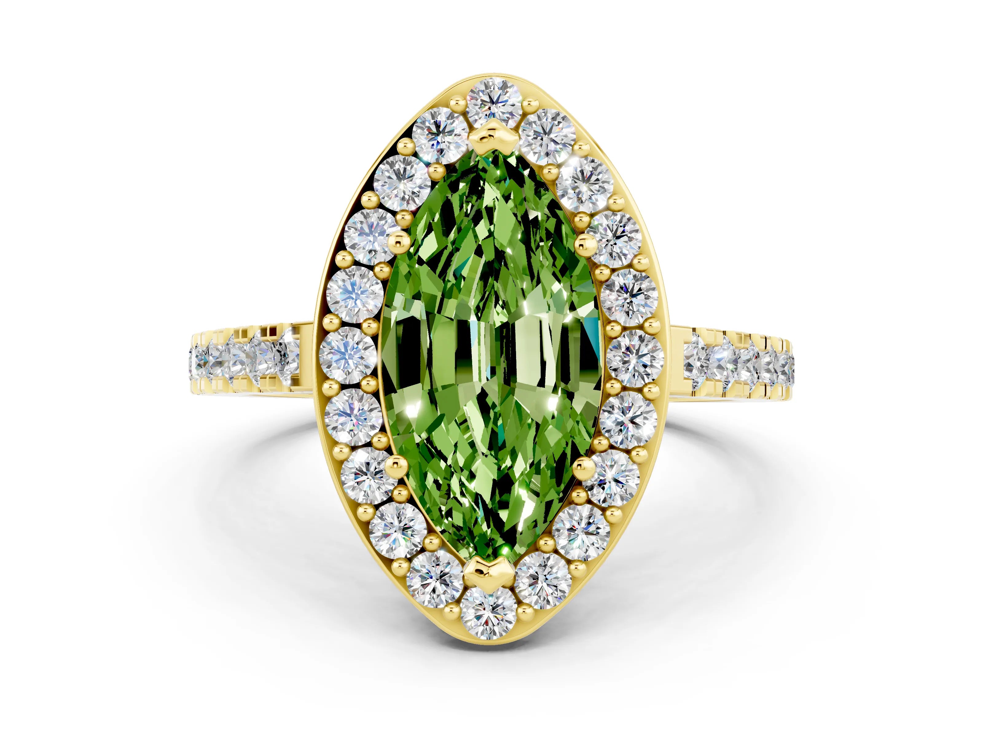 Yellow gold Marquise Cut Halo Diamond Ring with Pavé Band and Three-Prong Setting