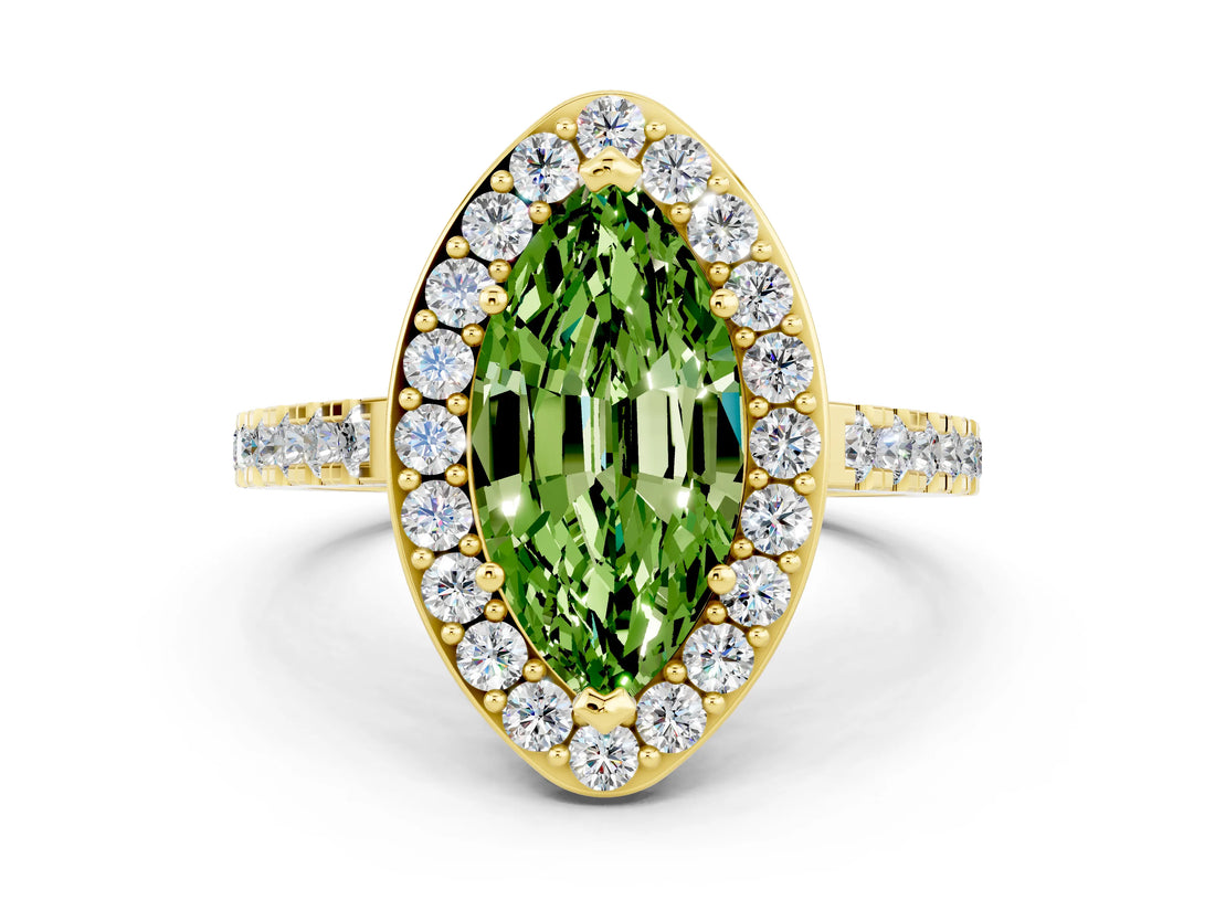 Yellow gold Marquise Cut Halo Diamond Ring with Pavé Band and Three-Prong Setting
