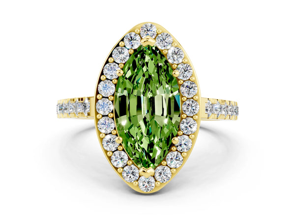 Yellow gold Marquise Cut Halo Diamond Ring with Pavé Band and Three-Prong Setting