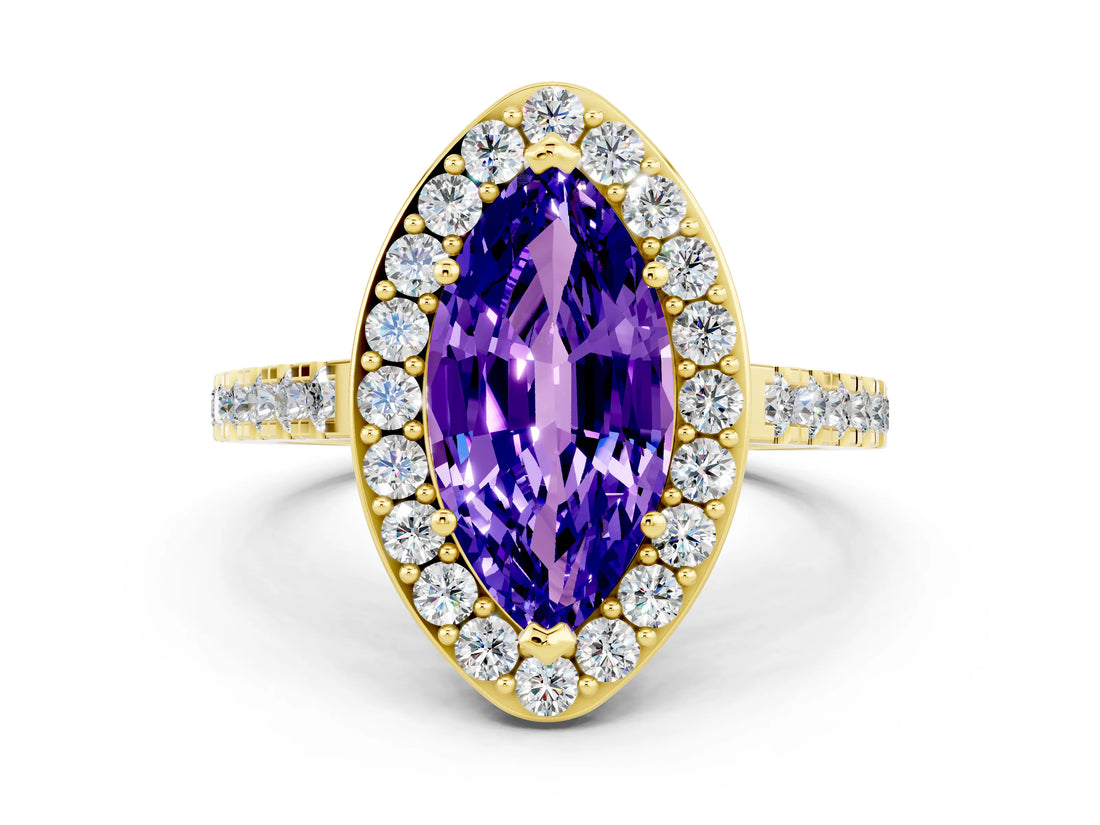 Yellow gold Marquise Cut Halo Diamond Ring with Pavé Band and Three-Prong Setting