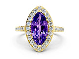 Yellow gold Marquise Cut Halo Diamond Ring with Pavé Band and Three-Prong Setting