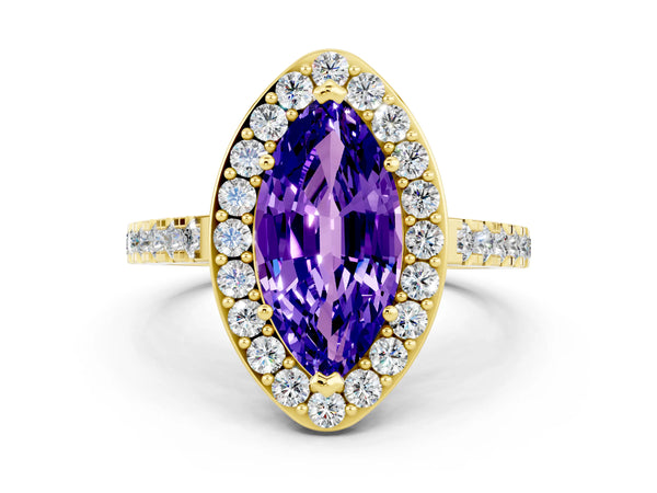 Yellow gold Marquise Cut Tanzanite Halo Ring with Round Pavé Split Shank and Prong Setting