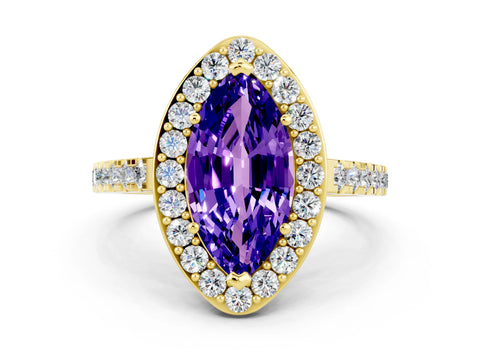 Yellow gold Marquise Cut Halo Diamond Ring with Pavé Band and Three-Prong Setting
