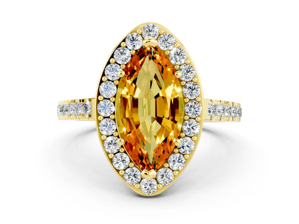 Yellow gold Marquise Cut Citrine Halo Ring with Round Pavé Split Shank and Prong Setting