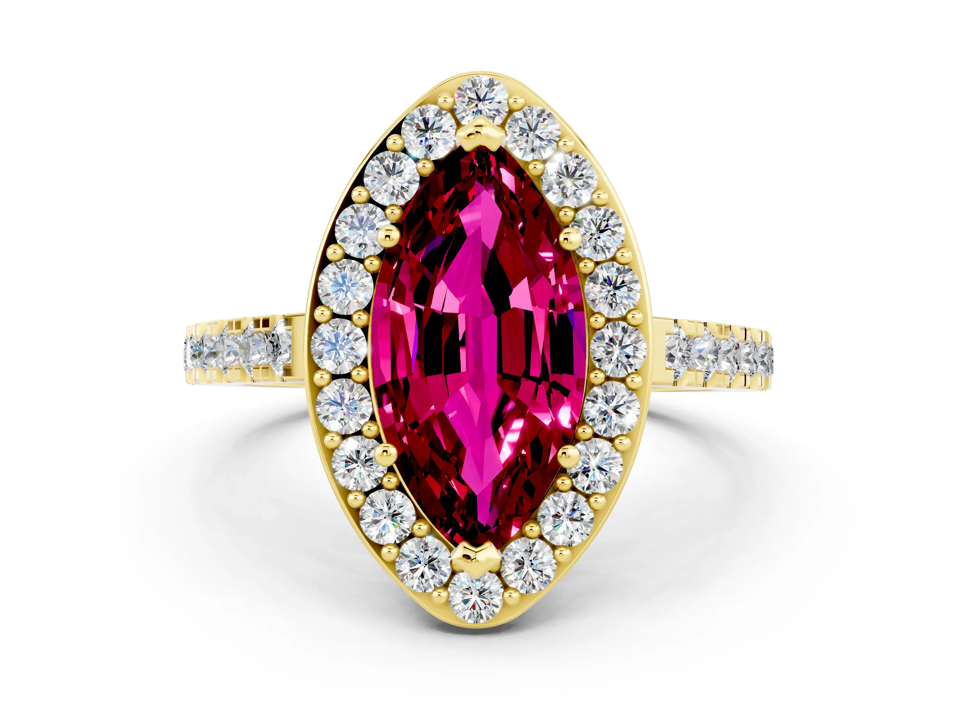 Yellow gold Marquise Cut Halo Diamond Ring with Pavé Band and Three-Prong Setting