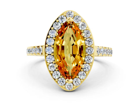 Yellow gold Marquise Cut Halo Diamond Ring with Pavé Band and Three-Prong Setting_8