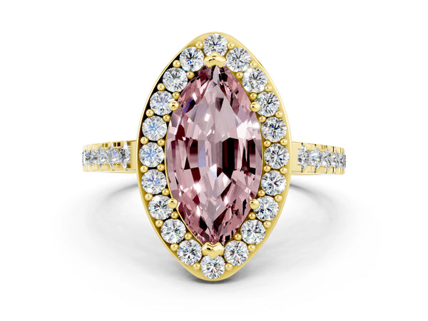 Yellow gold Marquise Cut Halo Diamond Ring with Pavé Band and Three-Prong Setting
