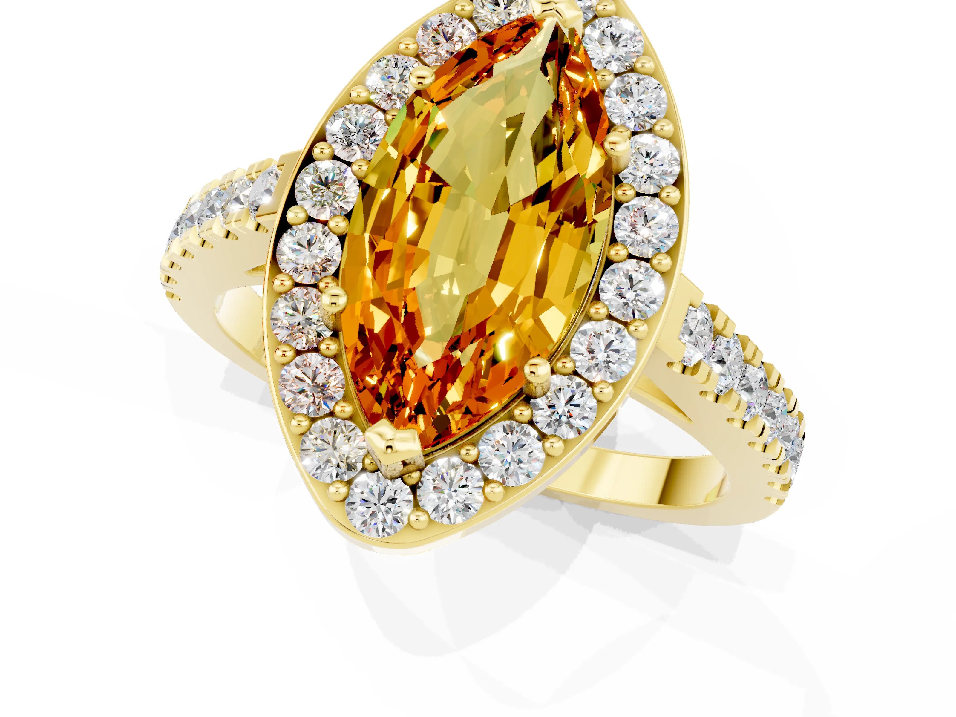 Yellow gold Marquise Cut Halo Diamond Ring with Pavé Band and Three-Prong Setting_9