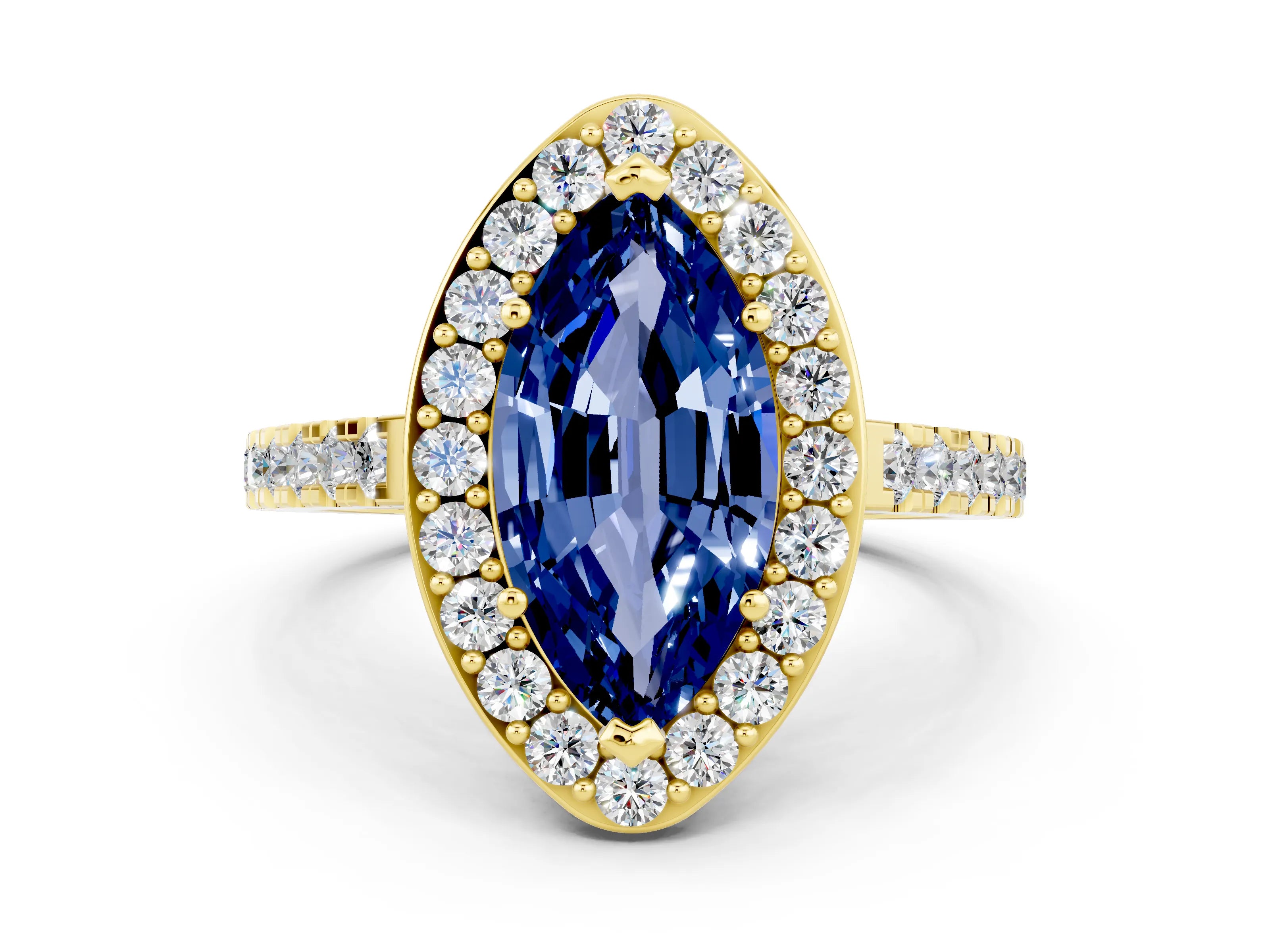 Yellow gold Marquise Cut Halo Diamond Ring with Pavé Band and Three-Prong Setting