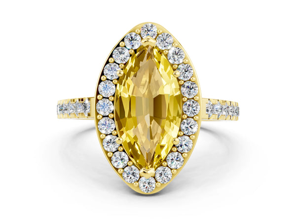 Yellow gold Marquise Cut Yellow Sapphire Halo Ring with Round Pavé Split Shank and Prong Setting