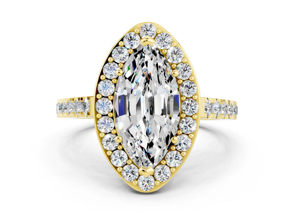 Yellow gold Marquise Cut Moissanite Halo Ring with Round Pavé Split Shank and Prong Setting