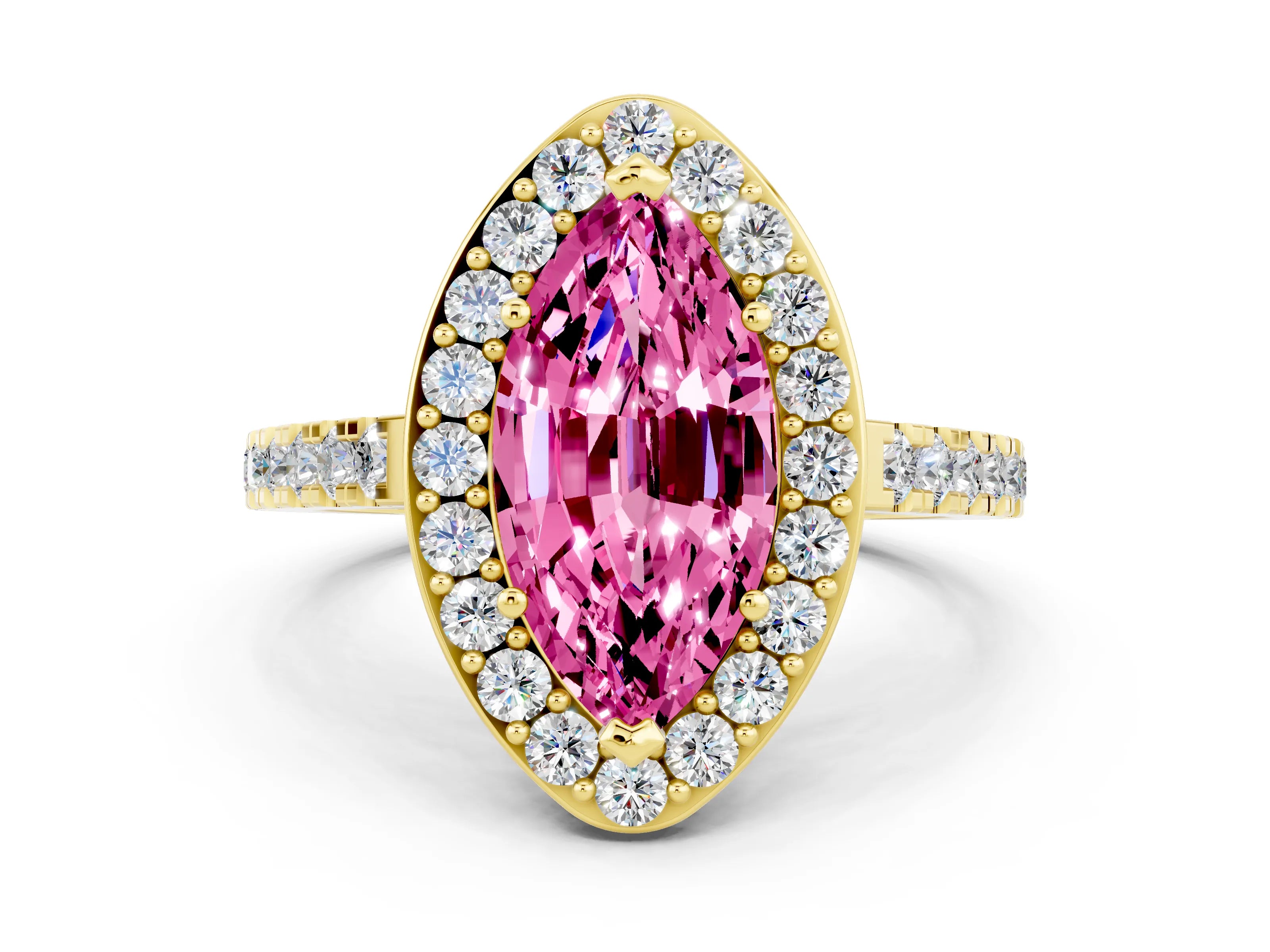 Yellow gold Marquise Cut Halo Diamond Ring with Pavé Band and Three-Prong Setting