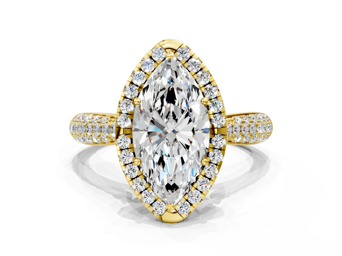 Yellow gold Marquise Cut Halo Diamond Ring with Pavé Band_22