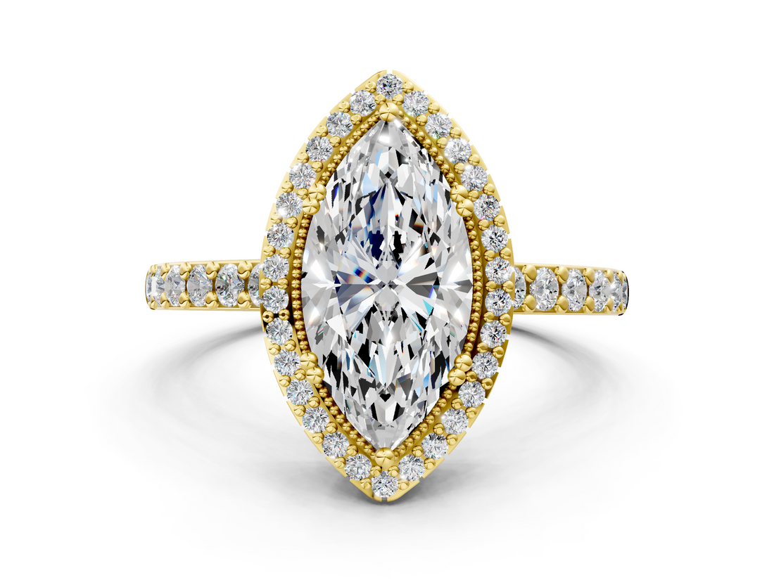 Yellow gold Marquise Cut Halo Diamond Ring with Pave Band and Four-Prong Setting_41