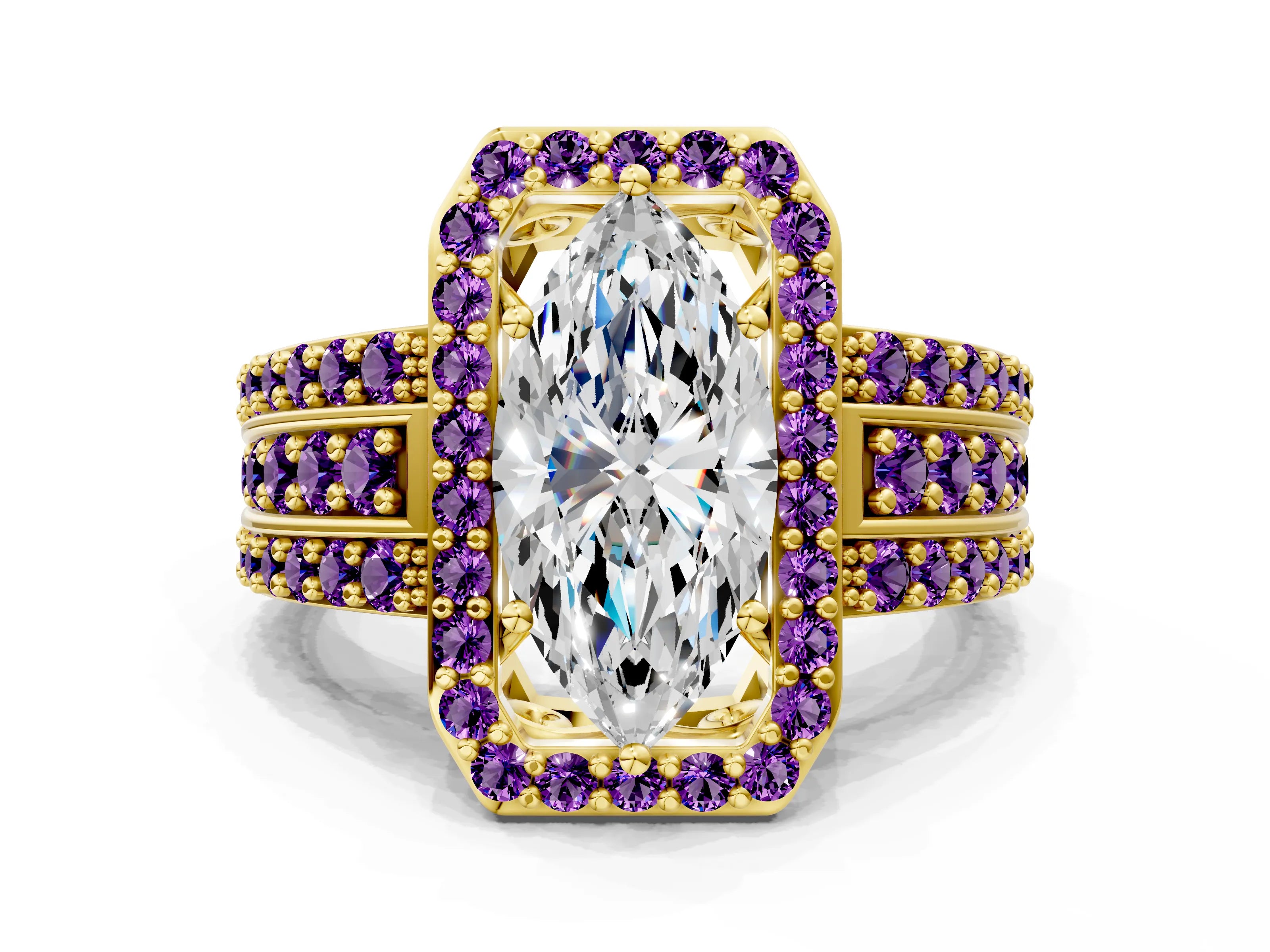 Yellow gold Marquise Cut Halo Diamond Ring with Round with Amethyst side stone Split Shank and Prong Setting