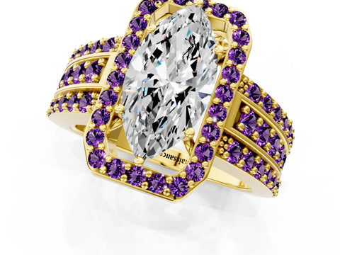 Yellow gold Marquise Cut Halo Diamond Ring with Round with Amethyst side stone Split Shank and Prong Setting_1