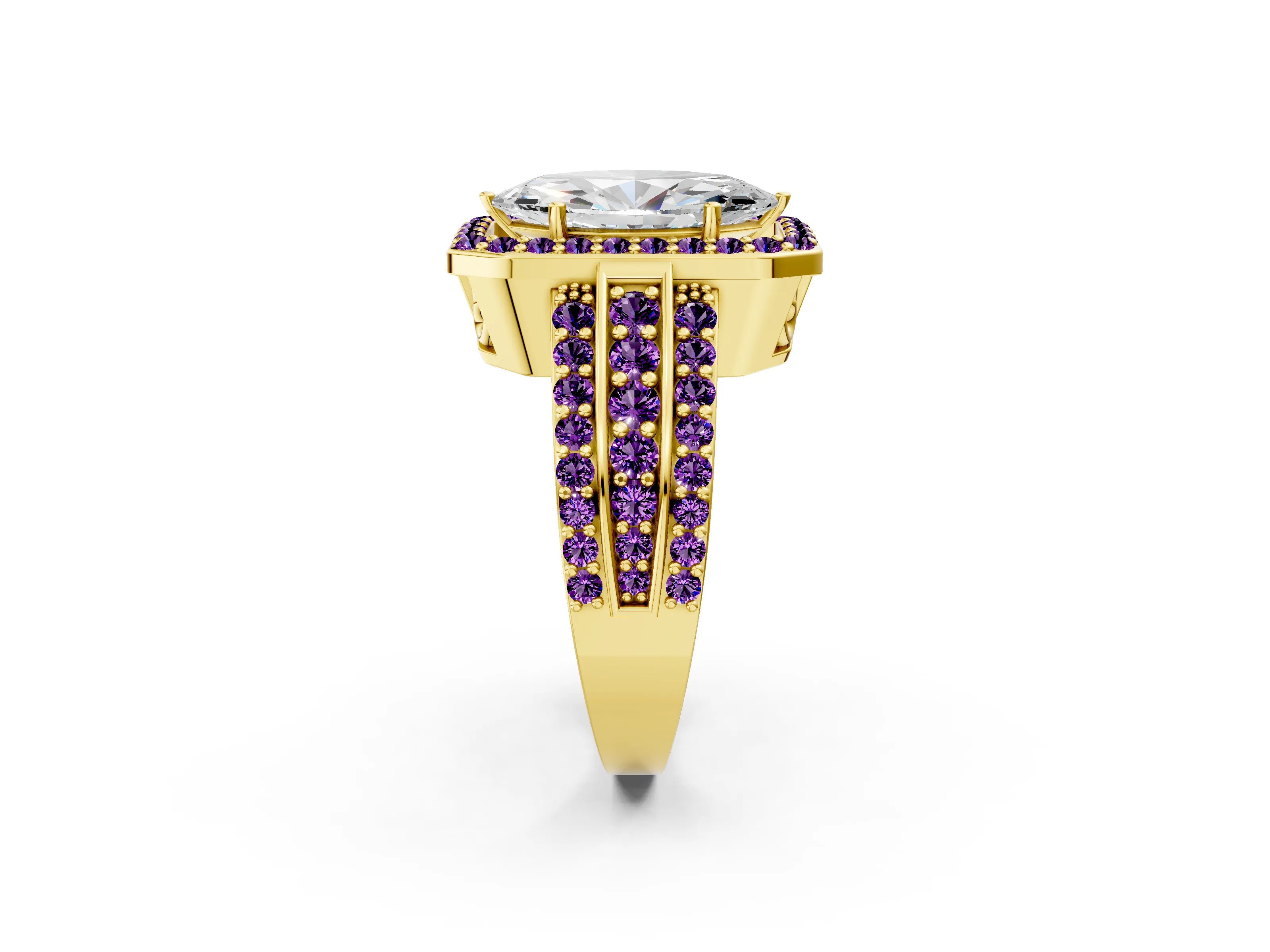 Yellow gold Marquise Cut Halo Diamond Ring with Round with Amethyst side stone Split Shank and Prong Setting_2