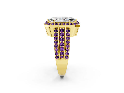 Yellow gold Marquise Cut Halo Diamond Ring with Round with Amethyst side stone Split Shank and Prong Setting_2