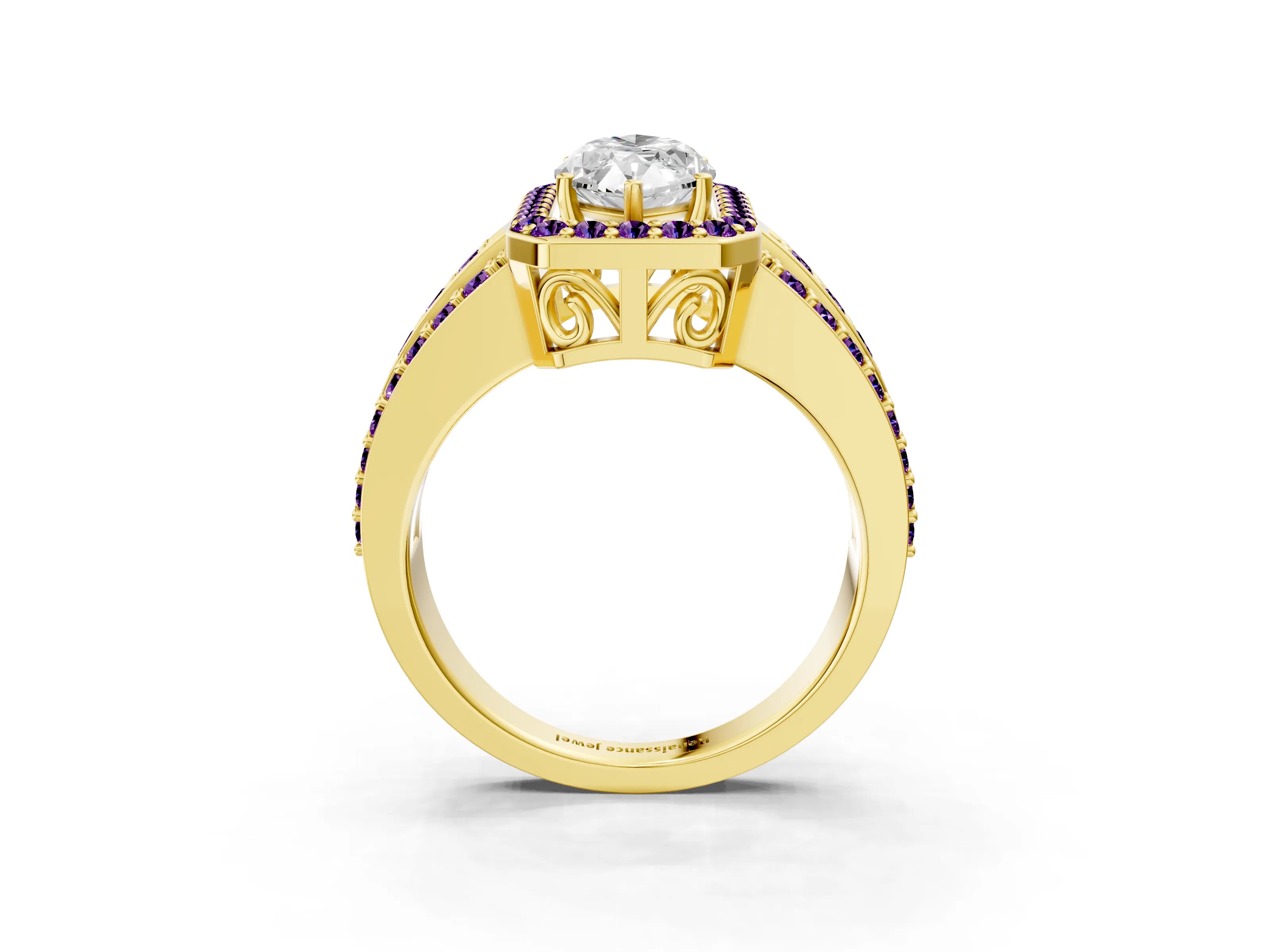 Yellow gold Marquise Cut Halo Diamond Ring with Round with Amethyst side stone Split Shank and Prong Setting_3