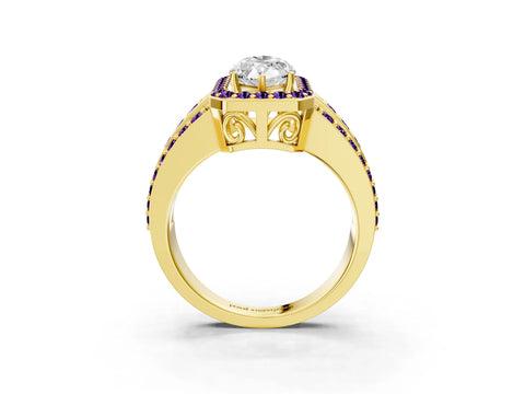 Yellow gold Marquise Cut Halo Diamond Ring with Round with Amethyst side stone Split Shank and Prong Setting_3