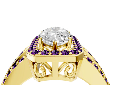 Yellow gold Marquise Cut Halo Diamond Ring with Round with Amethyst side stone Split Shank and Prong Setting_4