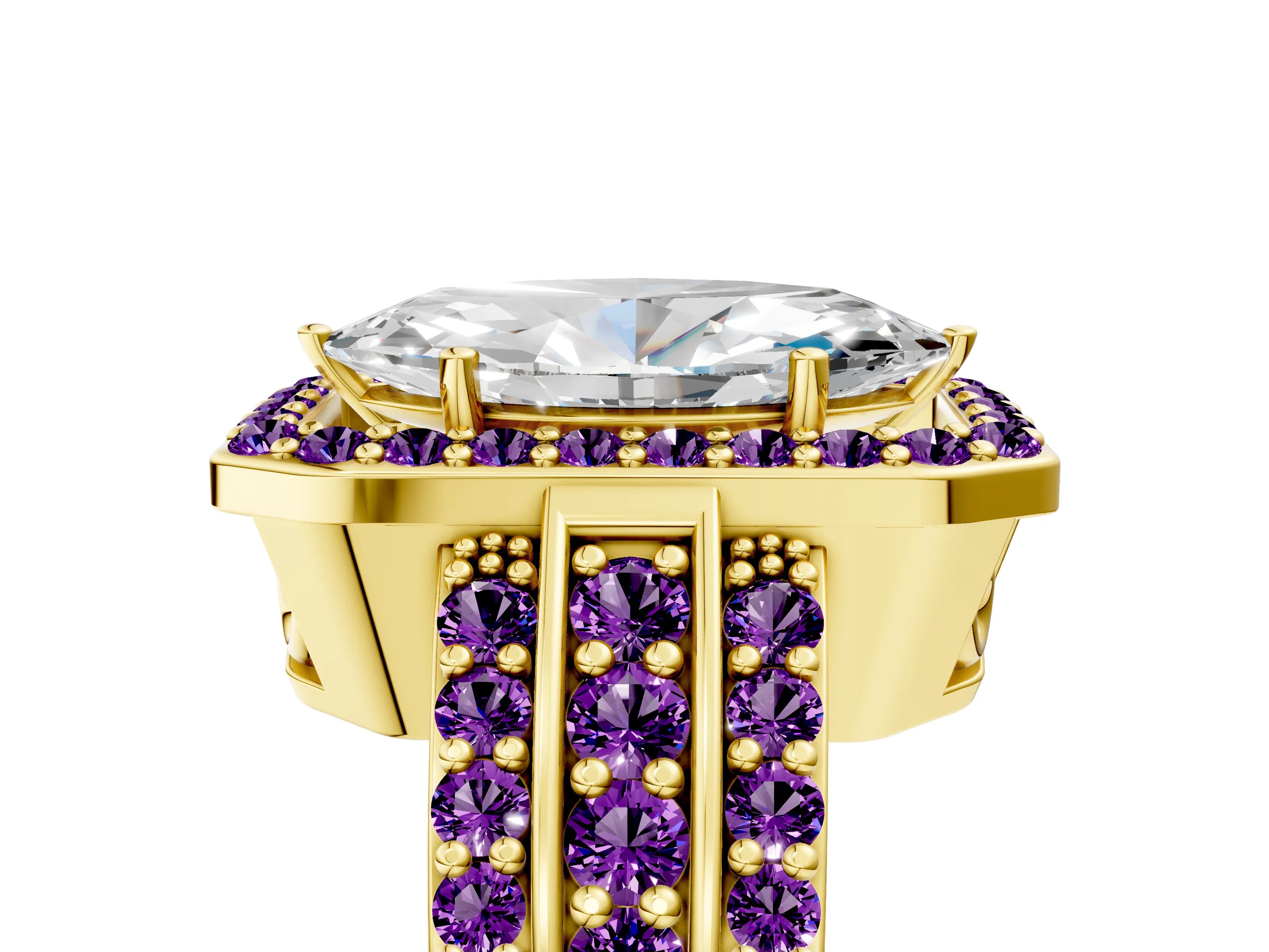 Yellow gold Marquise Cut Halo Diamond Ring with Round with Amethyst side stone Split Shank and Prong Setting_5