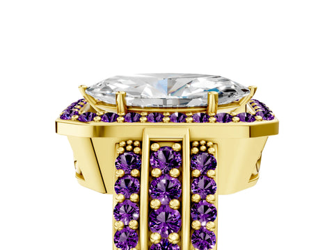 Yellow gold Marquise Cut Halo Diamond Ring with Round with Amethyst side stone Split Shank and Prong Setting_5
