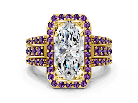 Yellow gold Marquise Cut Halo Diamond Ring with Round with Amethyst side stone Split Shank and Prong Setting