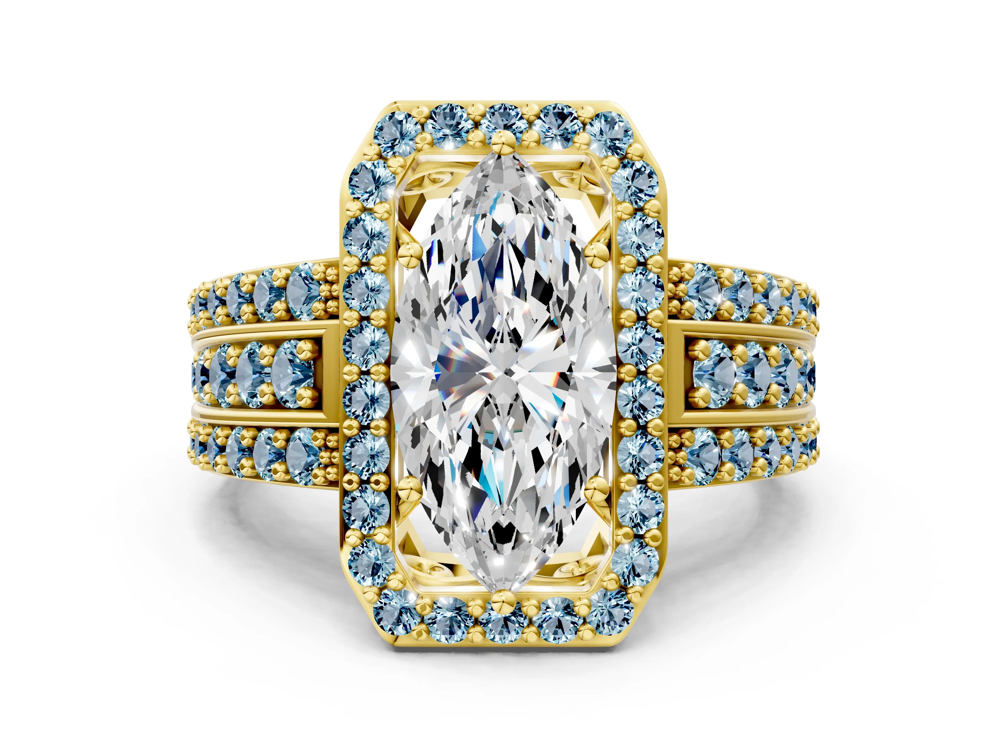Yellow gold Marquise Cut Halo Diamond Ring with Round with Aquamarine side stone Split Shank and Prong Setting