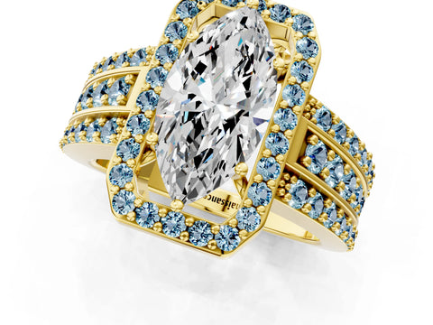 Yellow gold Marquise Cut Halo Diamond Ring with Round with Aquamarine side stone Split Shank and Prong Setting_1