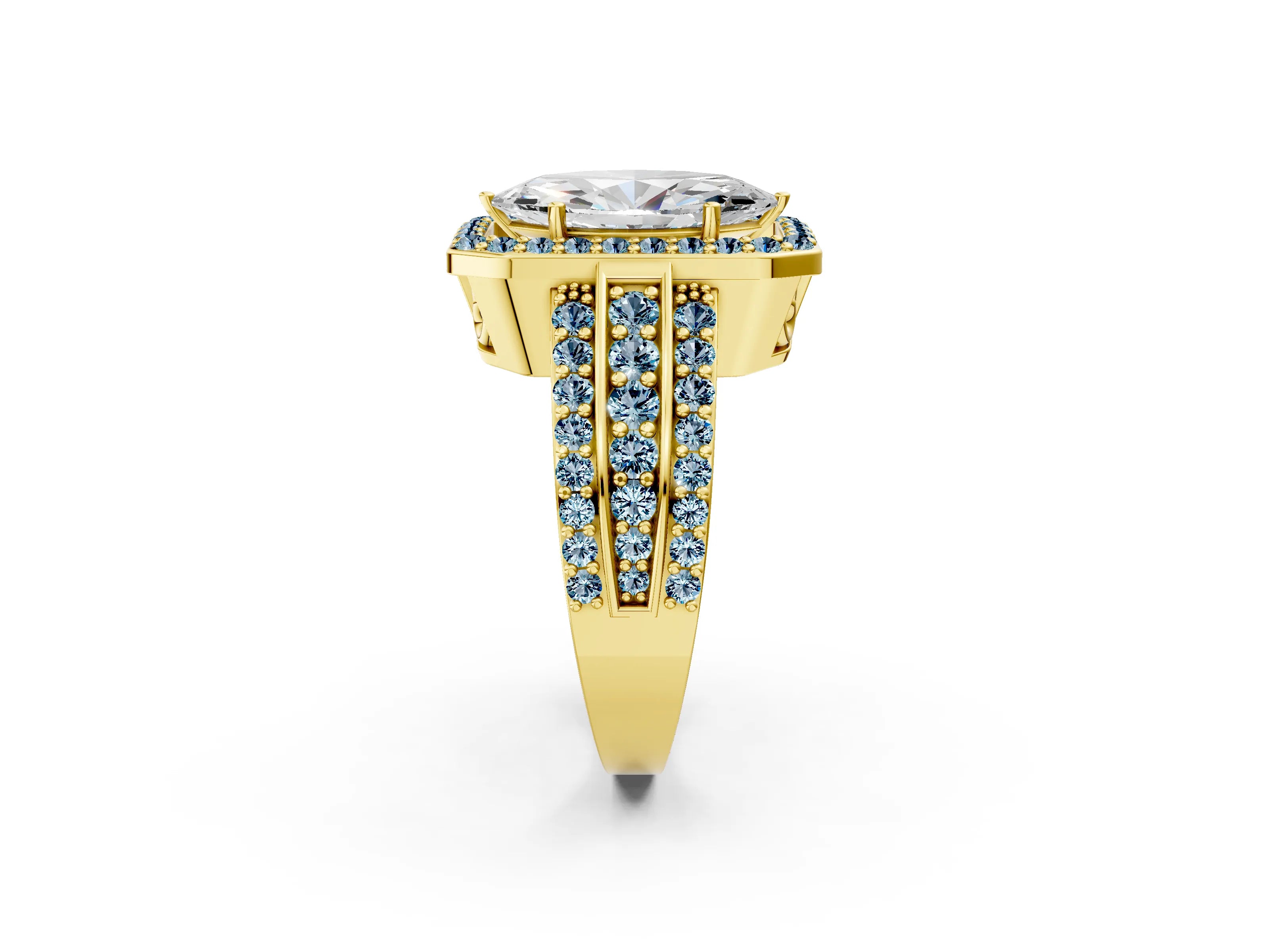 Yellow gold Marquise Cut Halo Diamond Ring with Round with Aquamarine side stone Split Shank and Prong Setting_2